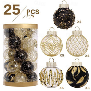 Christmas Baubles, Christmas Ornament Decorations Shatterproof Ornaments Black and Gold Color Painted Christmas Baubles Decorations for Party Wedding