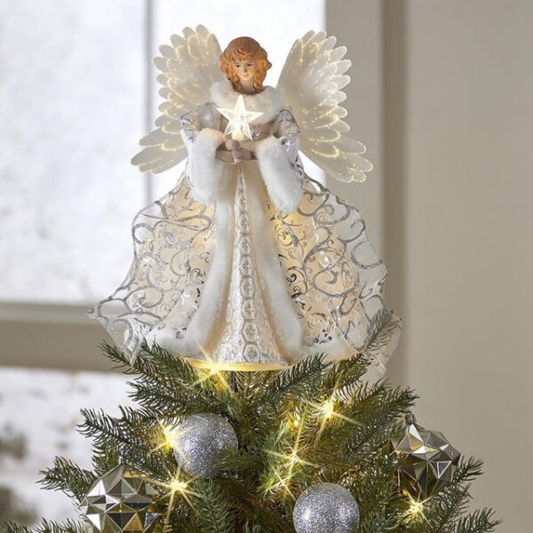 Christmas Tree Angel Topper LED Angel Christmas Tree Peak White Fairies Angel Christmas Tree Decoration with Light, Fairy Tree Crown Pendant for Festi