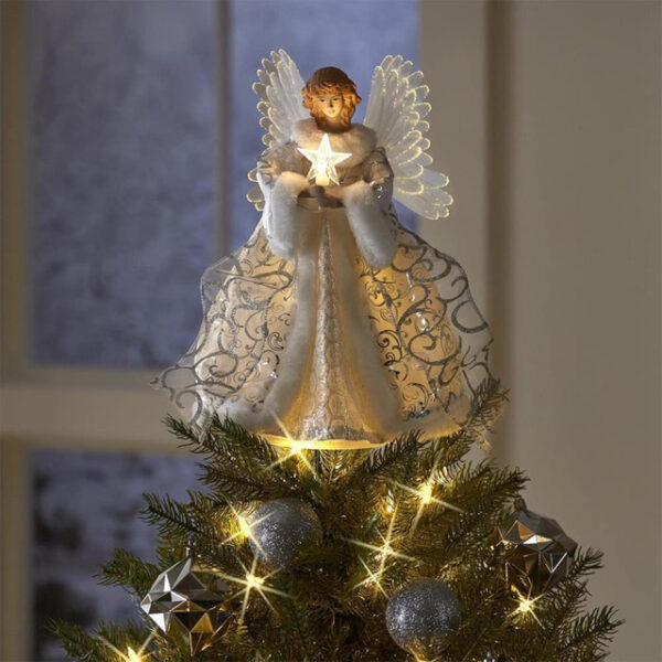 Christmas Tree Angel Topper LED Angel Christmas Tree Peak White Fairies Angel Christmas Tree Decoration with Light, Fairy Tree Crown Pendant for Festi