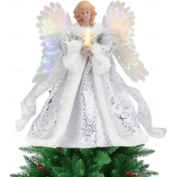 Christmas Tree Angel Topper LED Angel Christmas Tree Peak White Fairies Angel Christmas Tree Decoration with Light, Fairy Tree Crown Pendant for Festi