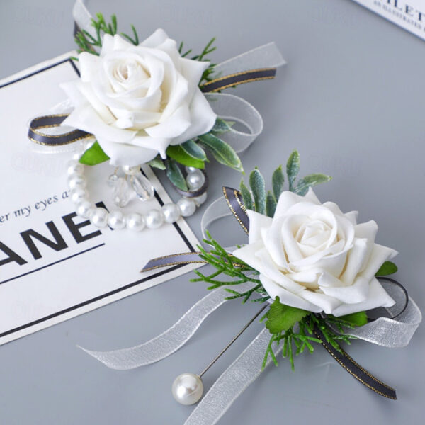 Wedding Wrist Flower with Simulation Roses, Bride and Groom Corsage Brooch, Bridesmaid Wrist Corsage, Groomsmen Boutonniere, Perfect Accessories for B